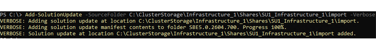 PowerShell output after running Add-SolutionUpdate for SBE package import
