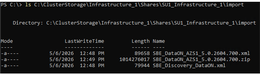 Command line output showing SBE package files in the manual import folder