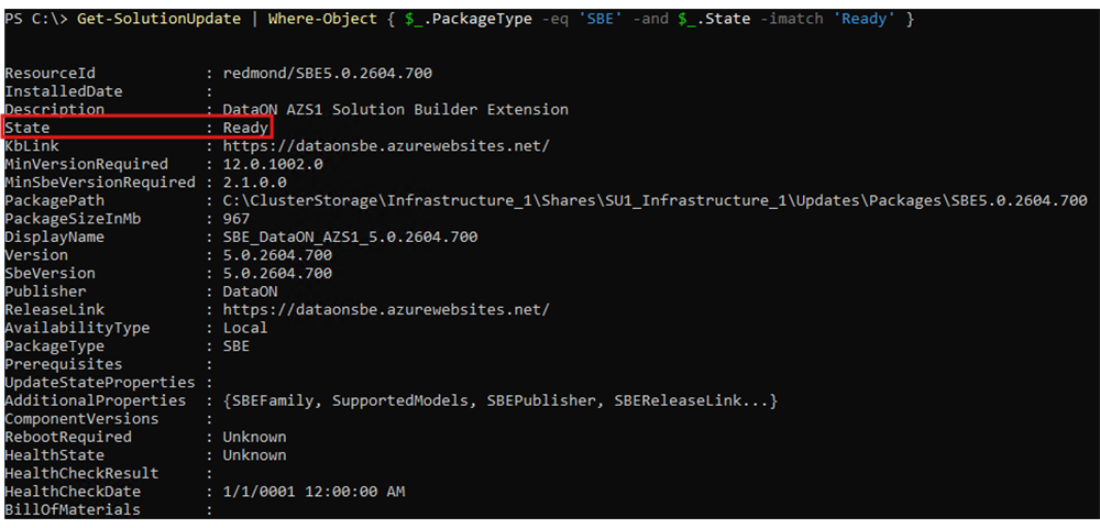 PowerShell output for Get-SolutionUpdate showing the imported SBE update in Ready state