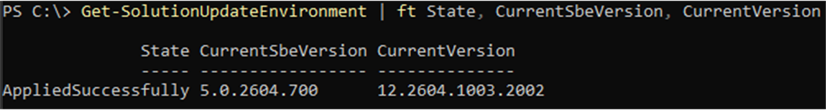 PowerShell output for Get-SolutionUpdateEnvironment showing successful Azure Local update environment state and current version