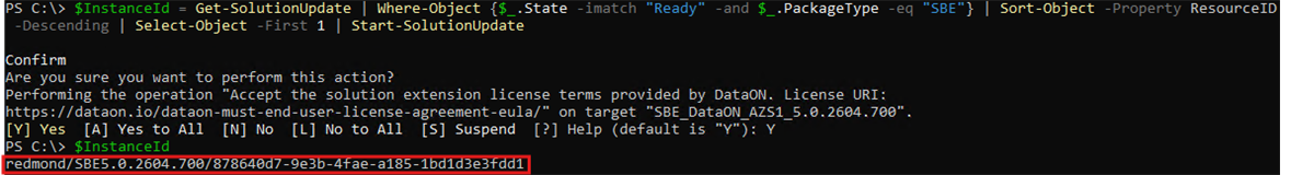 PowerShell output after starting SBE installation with Start-SolutionUpdate