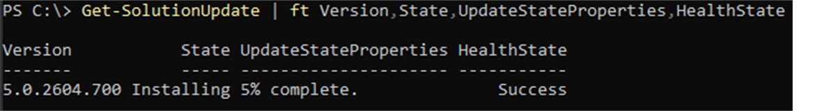 PowerShell output showing SBE installation status during Start-SolutionUpdate