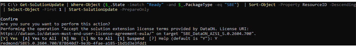 PowerShell output after starting SBE preparation with Start-SolutionUpdate -PrepareOnly